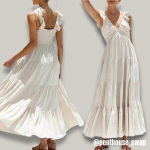 Cream V-Neck Tiered Maxi Dress, Size S